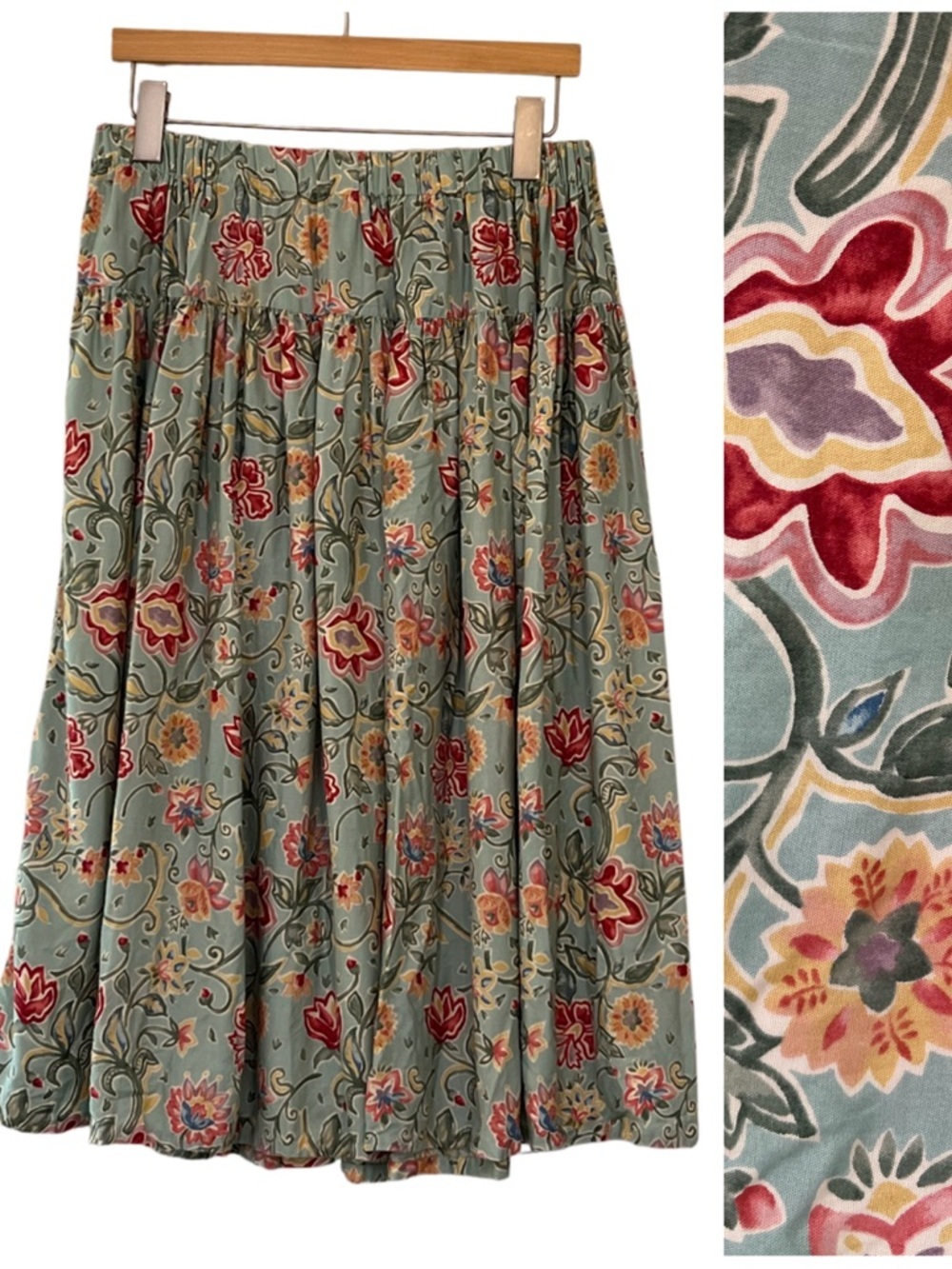Vintage Sharon Young Floral Midi Skirt Rayon USA Elastic Waist - Picture 1 of 8